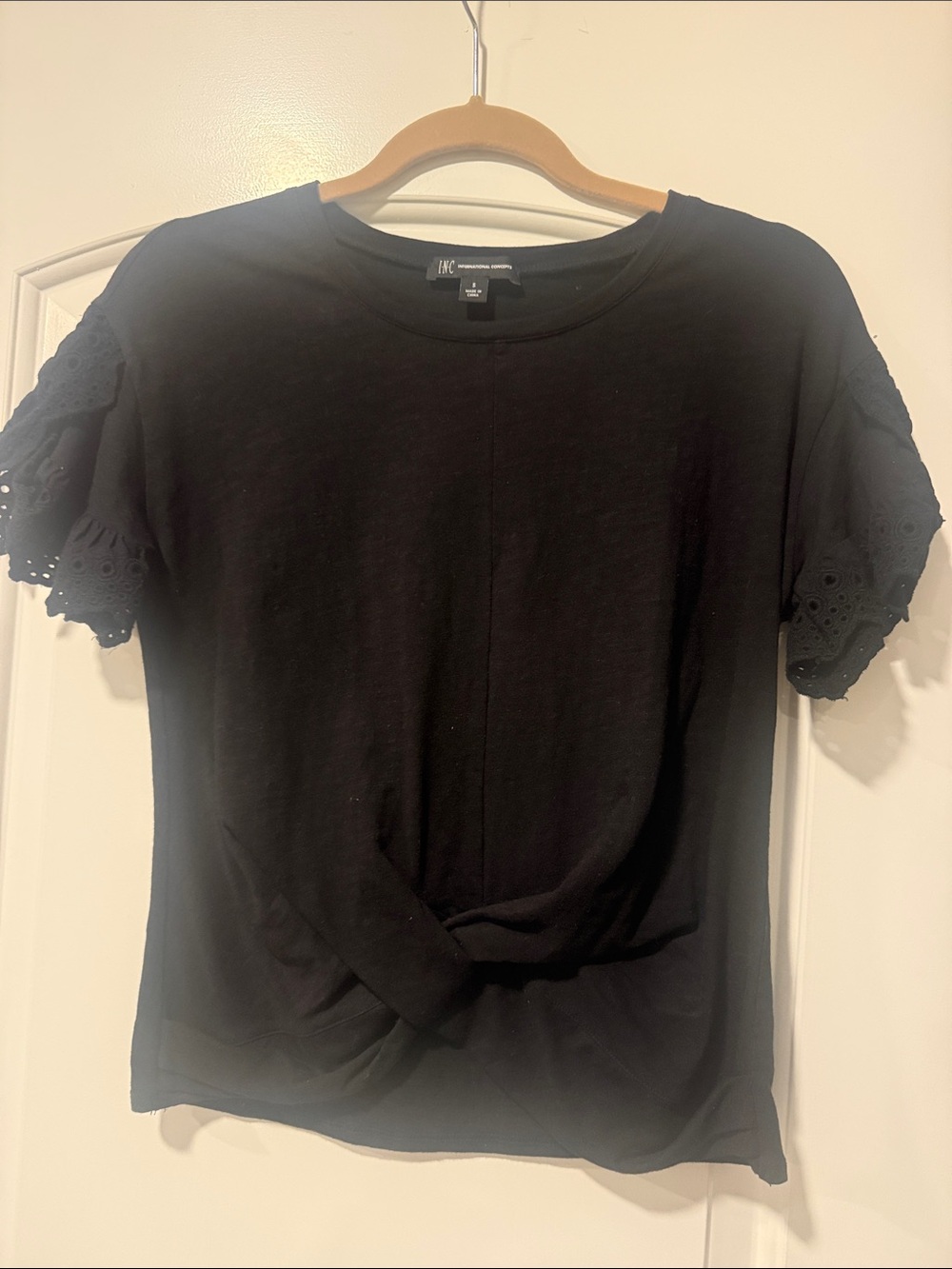 INC International Concepts Black Short Sleeve Eyelet Knot Tee